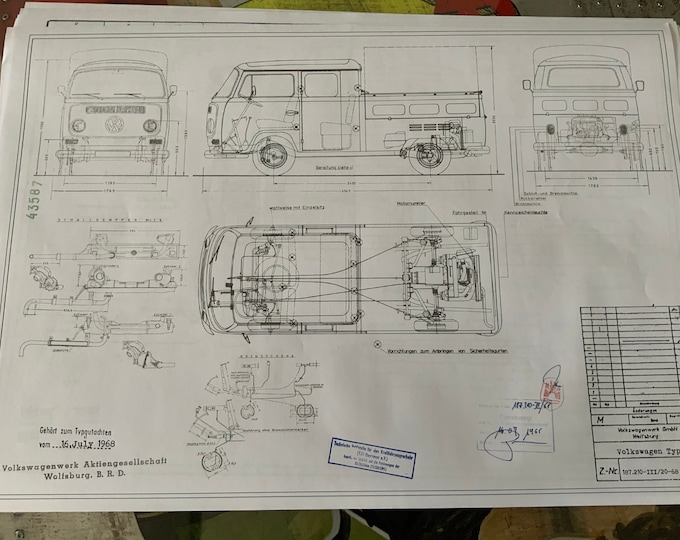 VW Bus Doka T2A 1968 construction drawing ART work blueprint