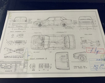 May include: A black and white technical drawing of an Alfa Romeo 115.50 car. The drawing shows the car from different angles, including the front, side, and top views. The drawing also includes details of the car's engine, exhaust system, and brakes. The drawing is dated March 27, 1979.