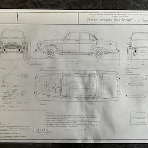 May include: A black and white technical drawing of a Simca Aronde BM Montlhery Special car. The drawing shows the car from the side, front, and rear views. The drawing includes measurements and details about the car's design.