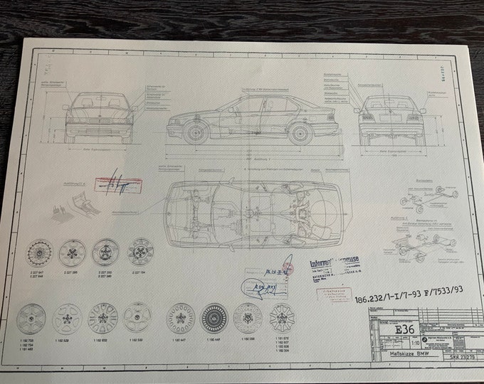 BMW E36 Sedan 1993 construction drawing ART work Blueprint.