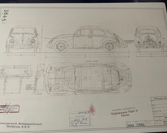 Beetle 1200 34 PS de Luxe 1958 construction drawing ART work Blueprint 188064