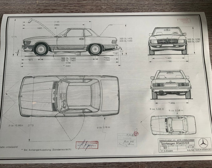 Mercedes W107/R107 Roadster 1985 Facelift SL construction drawing ART work