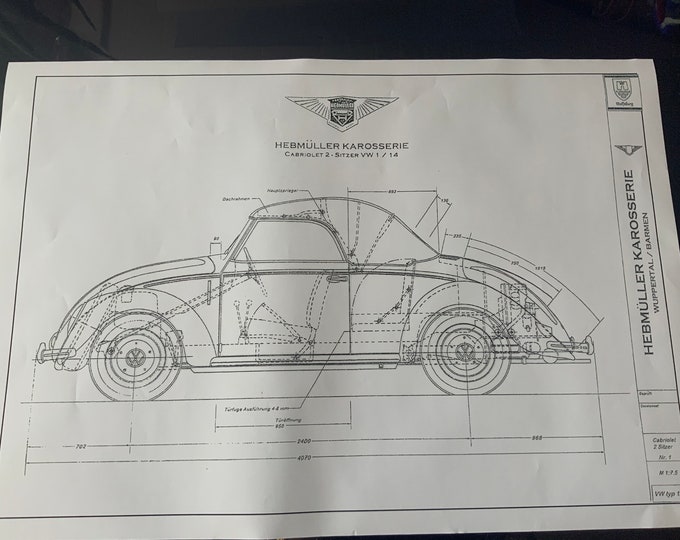Hebmüller Beetle Cabrio 1949 construction drawing ART work Blueprint 2 drawings