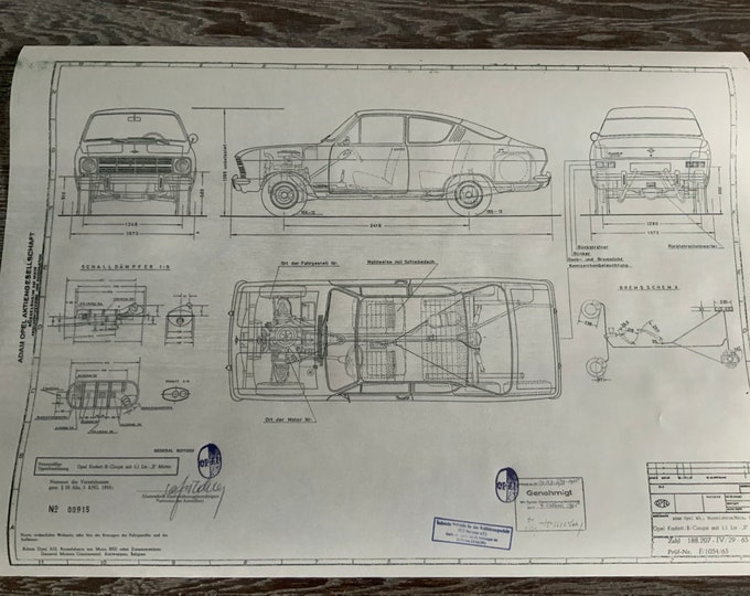 Opel Kadett B Kiemen Coupe 1965 construction drawing ART work blueprint