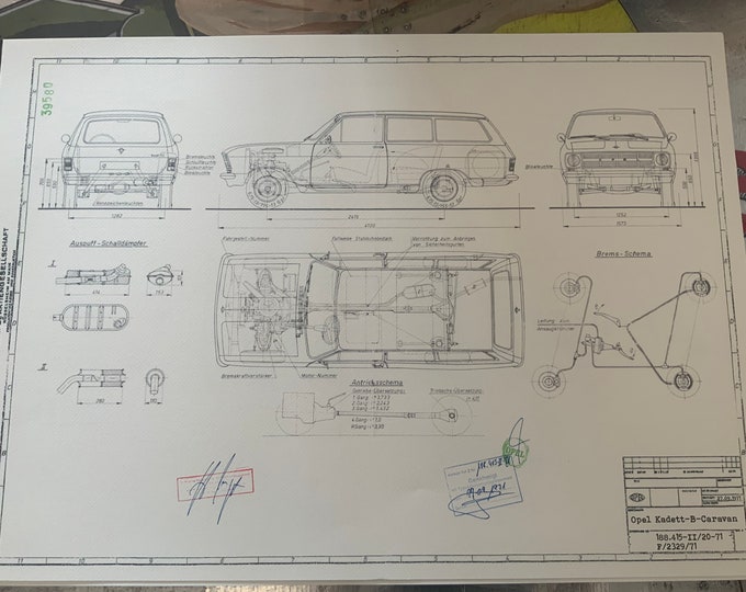 Opel Kadett B Caravan from 1967 construction drawing ART work blueprint