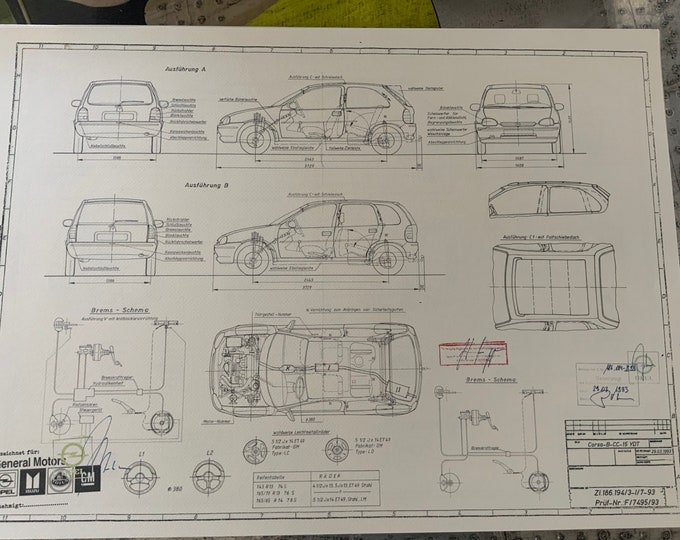 Opel Corsa B 2u4 door 1993 construction drawing ART work blueprint