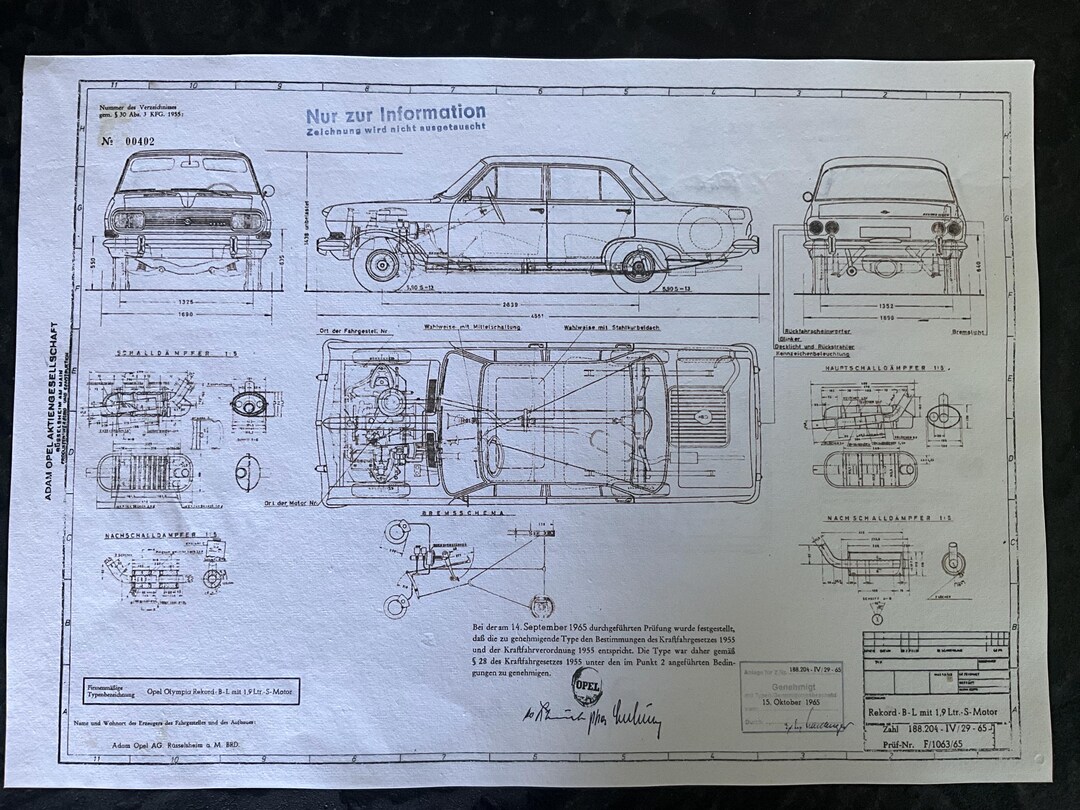 ポルシェ製図 Opel Rekord B Limousine 1965 1.9 L Construction Drawing ART Work