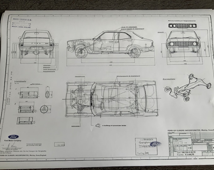 Ford Cortina 2000 98PS 2-4 doors 1970 construction drawing ART work blueprint