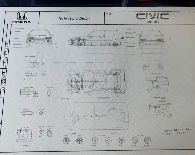 Honda Civic 1987 construction drawing ART work Blueprint