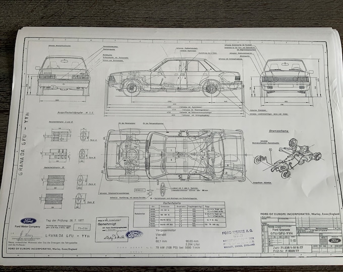 Ford Granada 2300 108HP 2-4 doors 1977 construction drawing ART work blueprint