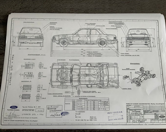 Ford Granada 2300 108HP 2-4 doors 1977 construction drawing ART work blueprint