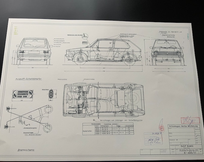 Golf I Rabit 1977 construction drawing ART work Blueprint made for German Market
