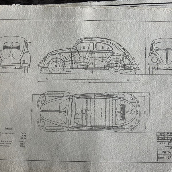 Brezel Käfer 1952 Typ 11 VW Konstruktionszeichnung ART work