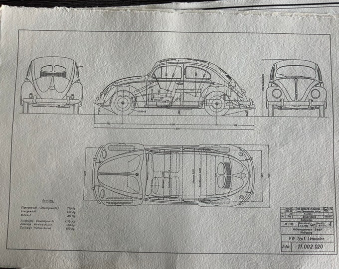 Brezel Beetle 1952 Type 11 VW construction drawing ART work