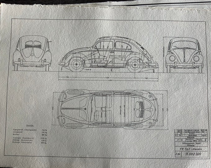 Pretzel Beetle 1952 Type 11 VW construction drawing ART work