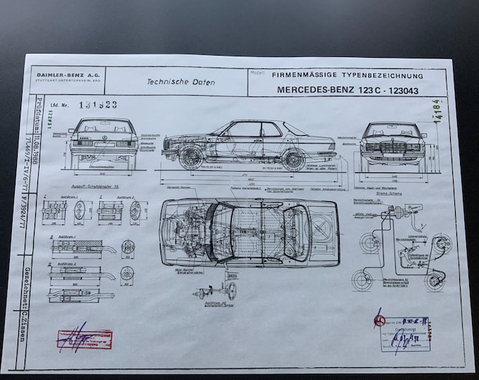 Mercedes W123 Coupe 1977 construction drawing ART work