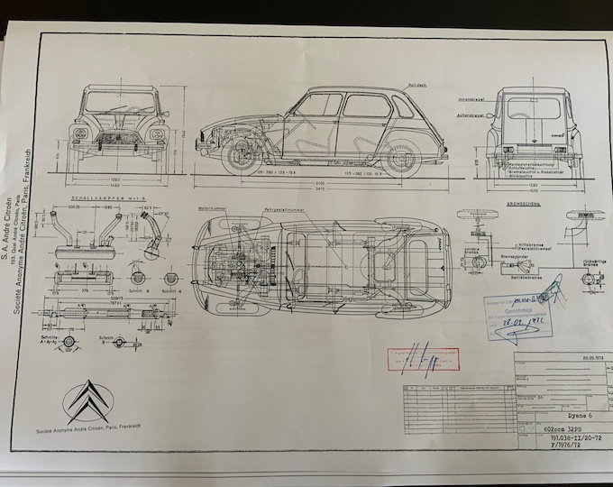 Citroen Dyane 6 1972 construction drawing ART work blueprint