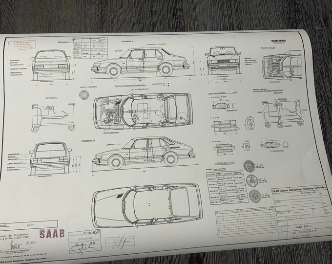 Saab 900 i 1986 construction drawing ART work Blueprint