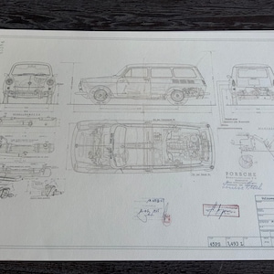 May include: A black and white technical drawing of a Volkswagen Type 1, also known as the Beetle, with detailed diagrams of the car's engine, chassis, and body. The drawing includes measurements in inches and the text "PORSCHE" and "Volkswagen Werke Wolfsburg".
