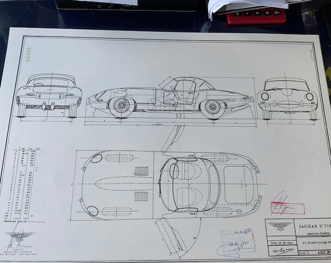 Jaguar E-Type Cabriolet 1960 construction drawing ART work Blueprint