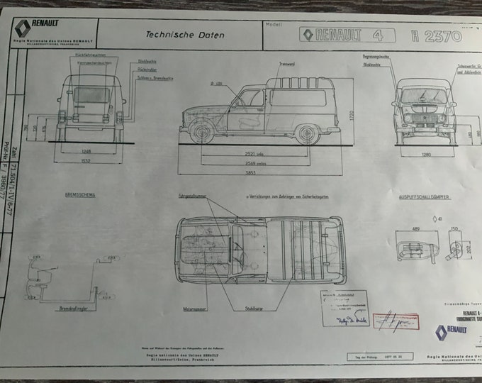Renault R4 2370 Kasten Lang 1977 construction drawing ART work blueprint