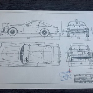 Dibujo de construcción del Ferrari 250 GT Berlinetta Lusso 1962, plano de obra de arte