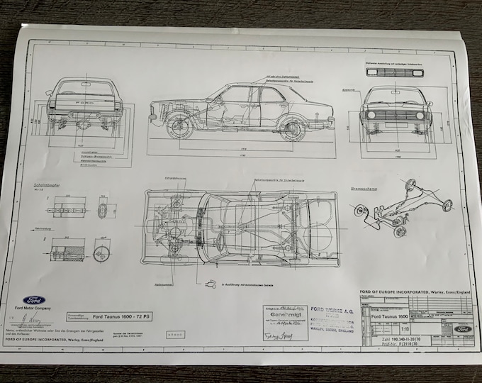 Ford Taunus 1600 72HP 2-4 doors 1970 construction drawing ART work blueprint