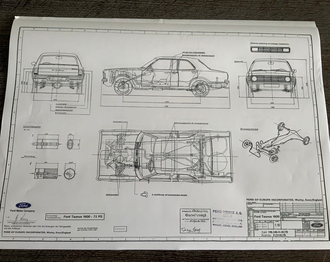 Ford Taunus 1600 72HP 2-4 doors 1970 construction drawing ART work blueprint