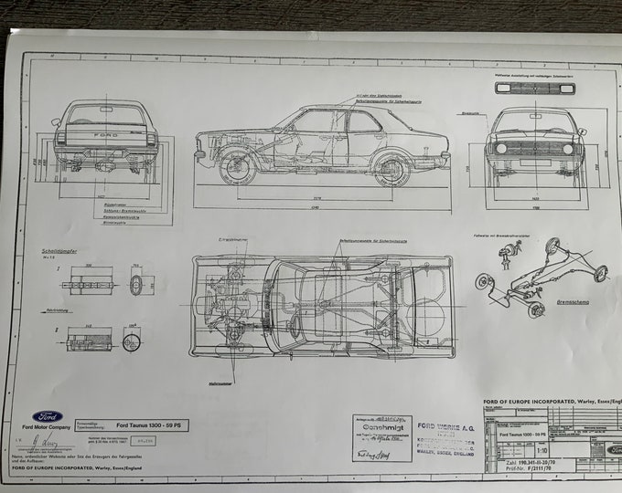 Ford Taunus 1300 59HP 2-4 doors 1970 construction drawing ART work blueprint