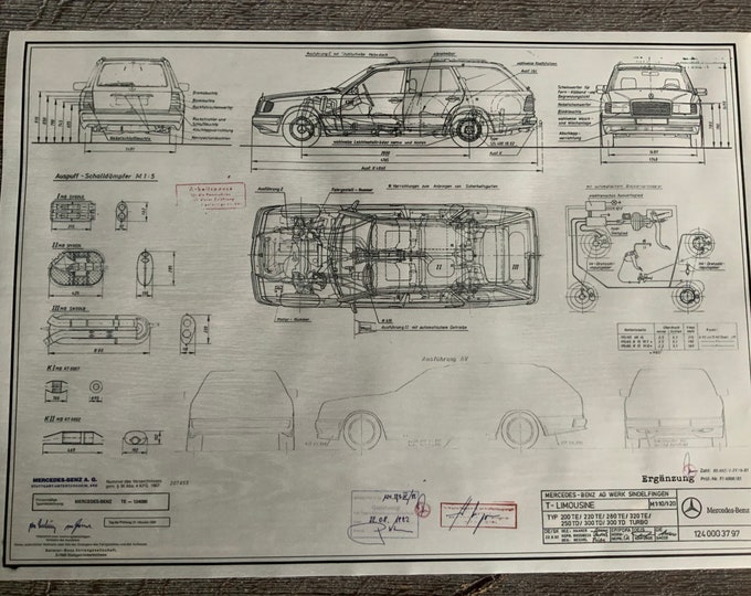 Mercedes W124 station wagon FACELIFT from 1992 Blueprint construction drawing ART work