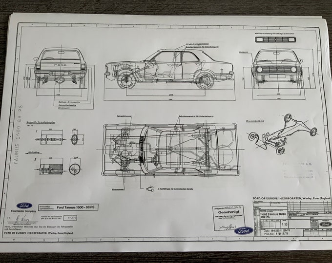 Ford Taunus 1600 88HP 2-4 doors 1971 construction drawing ART work blueprint