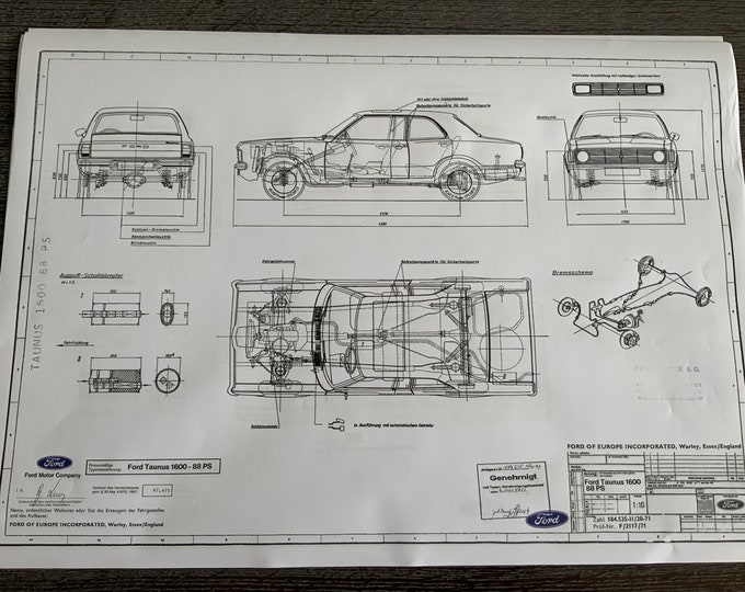 Ford Taunus 1600 88PS 2-4 Door 1971 Construction Drawing ART work Blueprint