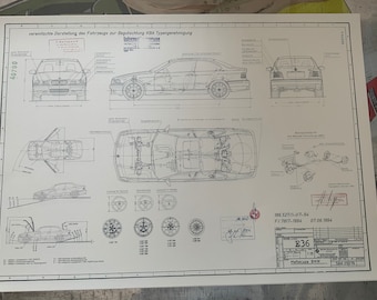 BMW E36 M3クーペの建設図面アートワークの設計図