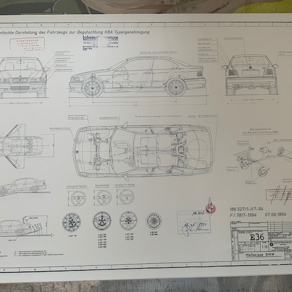 BMW E36 M3 Coupe construction drawing ART work blueprint