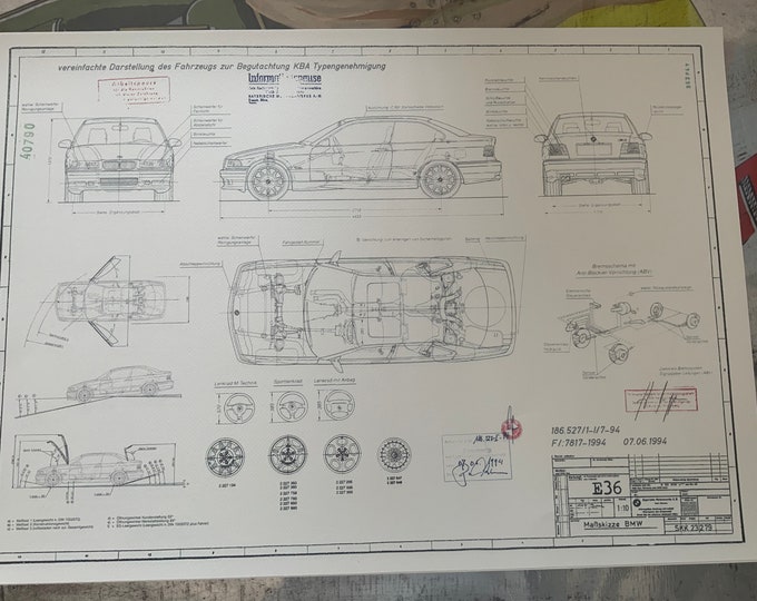 BMW E36 M3 Coupe construction drawing ART work blueprint