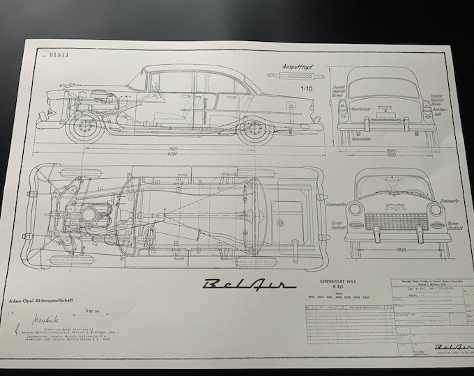 Chevrolet Bel Air 1955 Blueprint made for German Market GM/Adam Opel construction drawing ART work
