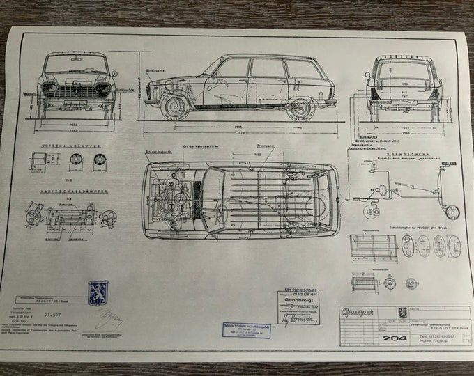 Peugeot 204 Break 1967 construction drawing ART work