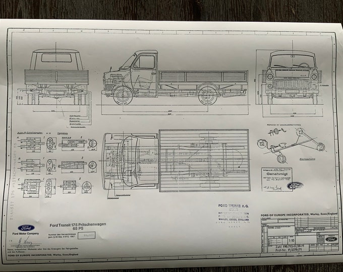 Ford Transit 175 flatbed truck 65hp 1971 construction drawing ART work blueprint
