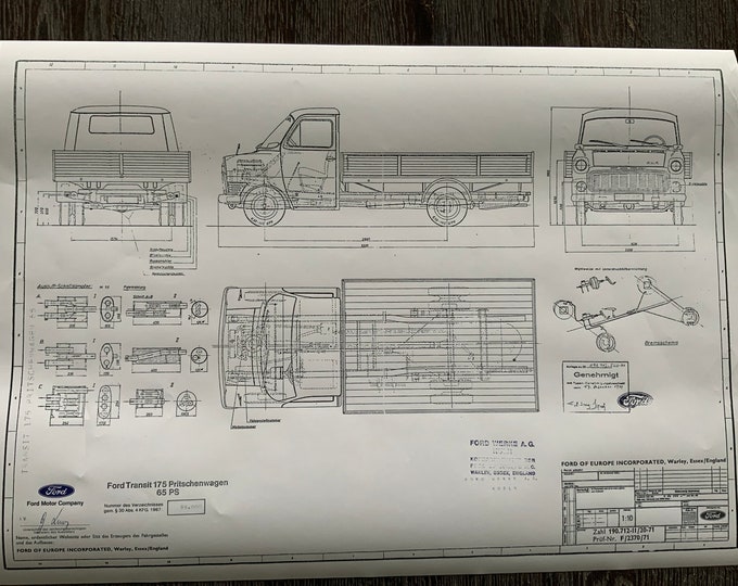 Ford Transit 175 Flatbed Truck 65PS 1971 Construction Drawing ART work Blueprint