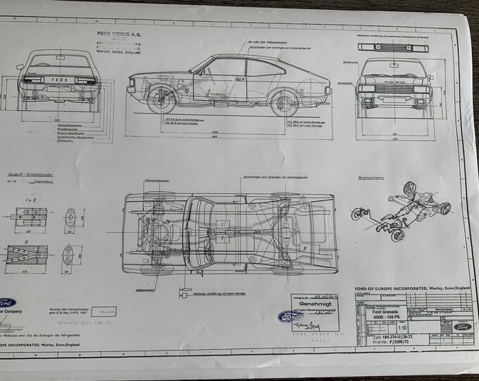 Ford Granada Coupé 3000. 138PS 1972 construction drawing ART work blueprint