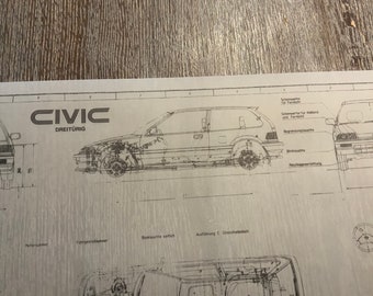 ホンダ シビック ED6 1987-91 設計図 アートワーク 青写真 - Etsy 日本