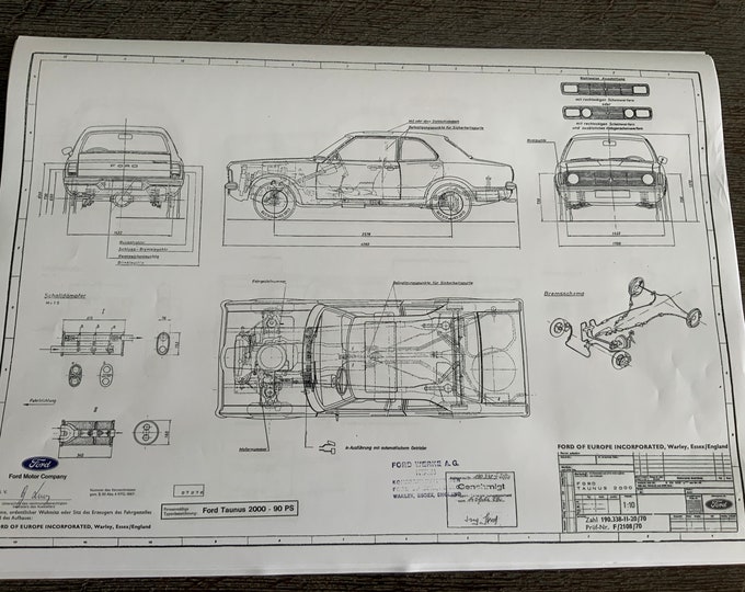 Ford Taunus 2000 90PS 2-4 doors 1970 construction drawing ART work blueprint