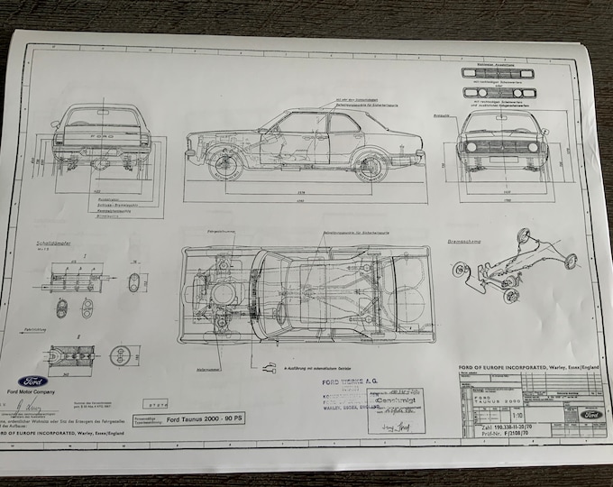 Ford Taunus 2000 90PS 2-4 Door 1970 Construction Drawing ART work Blueprint