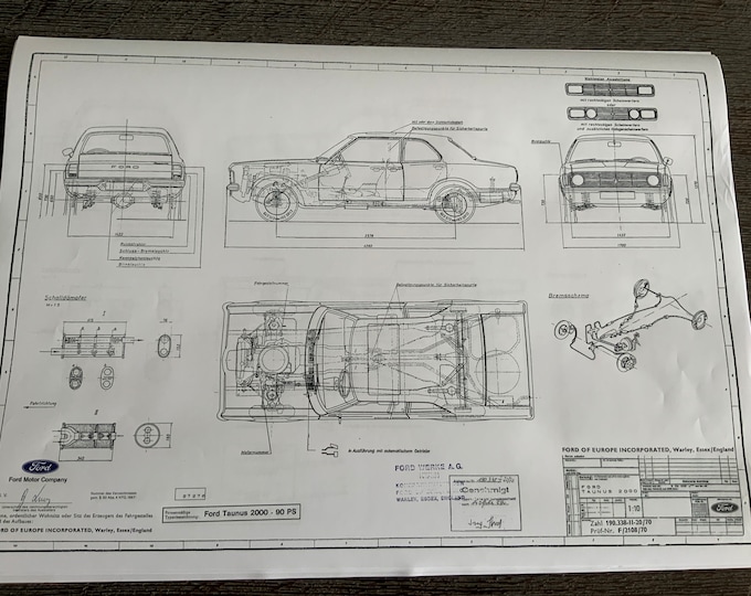 Ford Taunus 2000 90PS 2-4 doors 1970 construction drawing ART work blueprint