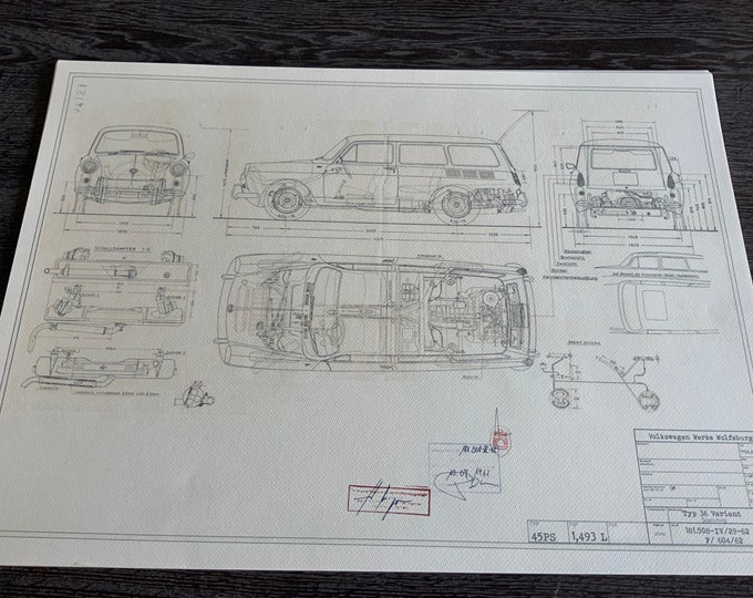 Type 36 Variant 1500 1963 station wagon construction drawing ART work blueprint