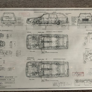 Mercedes W124 station wagon from 1985 Blueprint construction drawing ART work