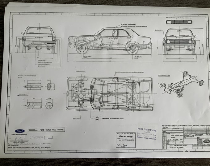 Ford Taunus 1600 69HP 2-4 doors 1972 construction drawing ART work blueprint
