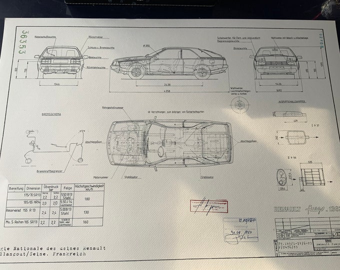 Renault Fuego 1980 construction drawing ART work Blueprint