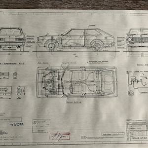 Toyota Corolla Lift Back KE 50 1976  Konstruktionszeichnung ART work Blaupause