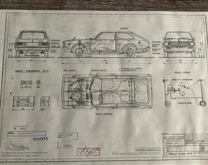 Toyota Corolla Lift Back KE 50 1976 construction drawing ART work blueprint